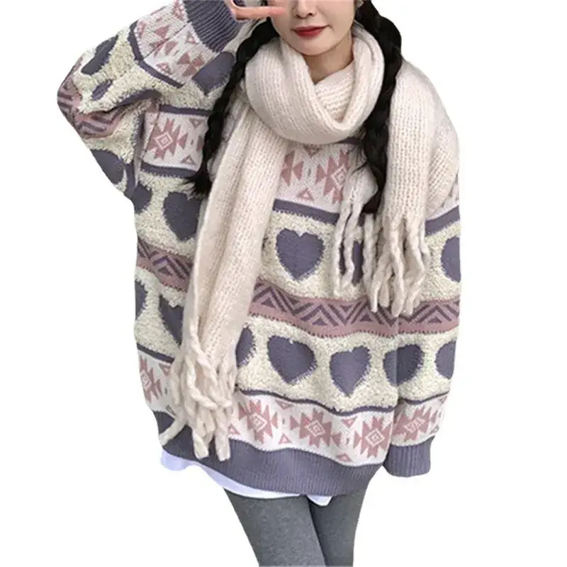 Women's Jacquard Love Sweater Long Sleeve Coat