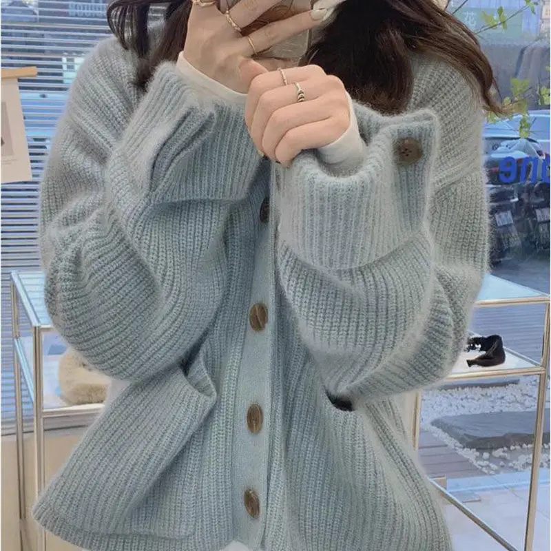 Women V Neck Knitted Cardigan Sweater Yellow Winter - Image 11