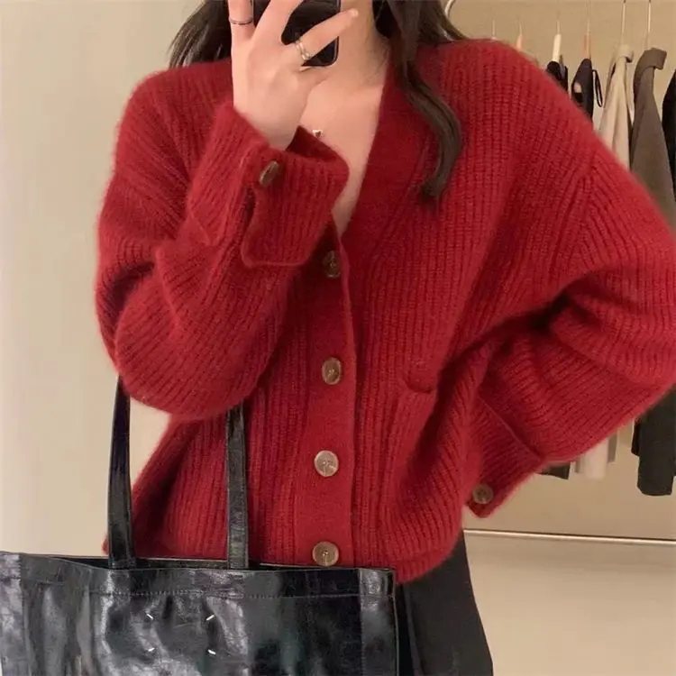 Women V Neck Knitted Cardigan Sweater Yellow Winter - Image 8