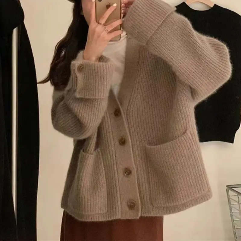 Women V Neck Knitted Cardigan Sweater Yellow Winter - Image 9
