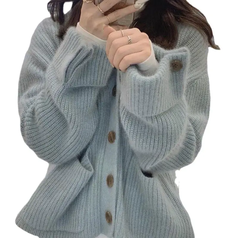 Women V Neck Knitted Cardigan Sweater Yellow Winter - Image 10