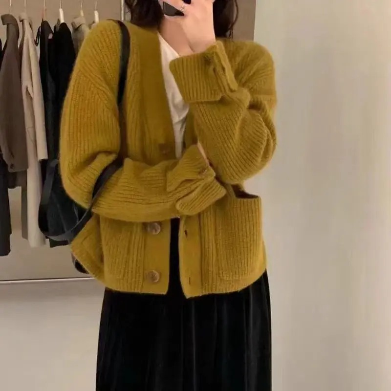 Women V Neck Knitted Cardigan Sweater Yellow Winter - Image 5