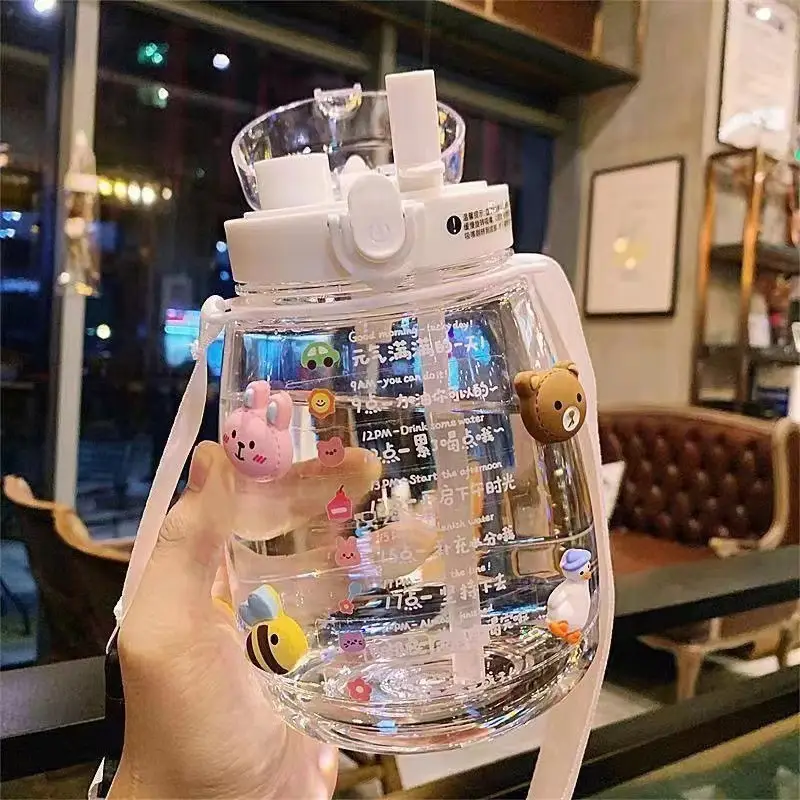 Internet Celebrity Double Drink Big Belly Water Cup High Color Value Plastic Cup with Straw Student Strap Water Bottle Gift Cup