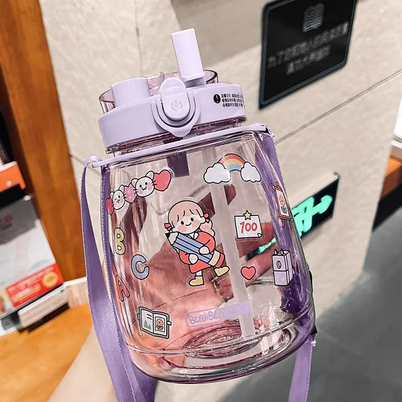 Internet Celebrity Double Drink Big Belly Water Cup High Color Value Plastic Cup with Straw Student Strap Water Bottle Gift Cup