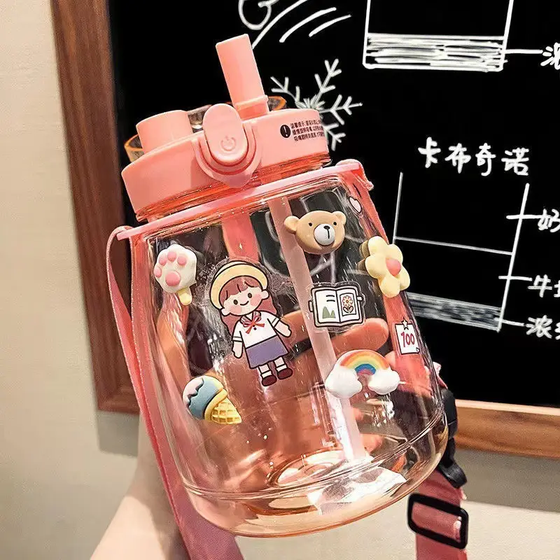 Internet Celebrity Double Drink Big Belly Water Cup High Color Value Plastic Cup with Straw Student Strap Water Bottle Gift Cup