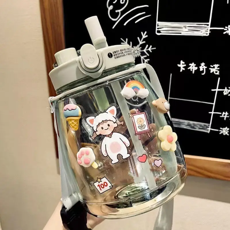 Internet Celebrity Double Drink Big Belly Water Cup High Color Value Plastic Cup with Straw Student Strap Water Bottle Gift Cup