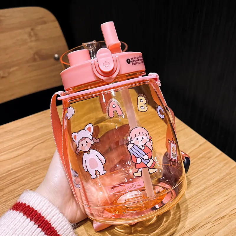 Internet Celebrity Double Drink Big Belly Water Cup High Color Value Plastic Cup with Straw Student Strap Water Bottle Gift Cup