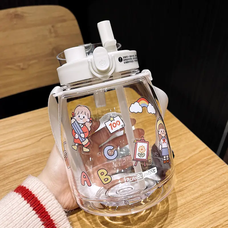 Internet Celebrity Double Drink Big Belly Water Cup High Color Value Plastic Cup with Straw Student Strap Water Bottle Gift Cup