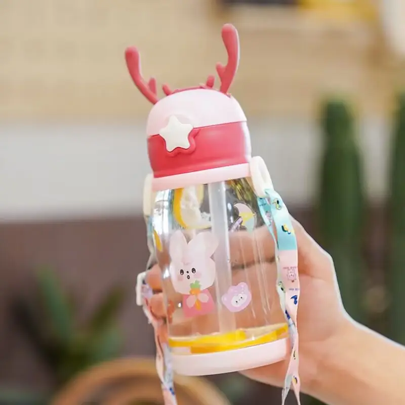 Internet Celebrity Double Drink Big Belly Water Cup High Color Value Plastic Cup with Straw Student Strap Water Bottle Gift Cup