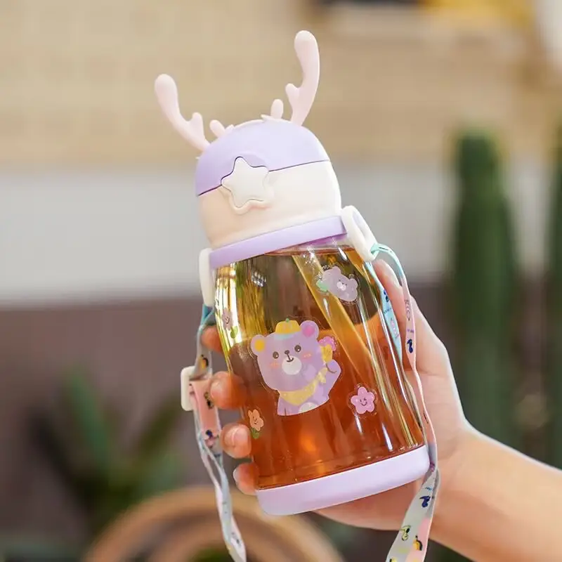 Internet Celebrity Double Drink Big Belly Water Cup High Color Value Plastic Cup with Straw Student Strap Water Bottle Gift Cup