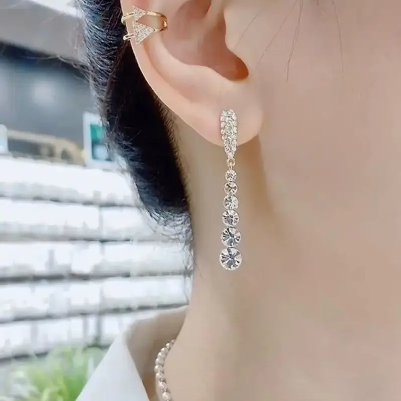 S925 Silver Needle Earrings with Long Rhinestone Drop Pendant