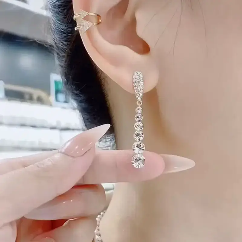 S925 Silver Needle Earrings with Long Rhinestone Drop Pendant