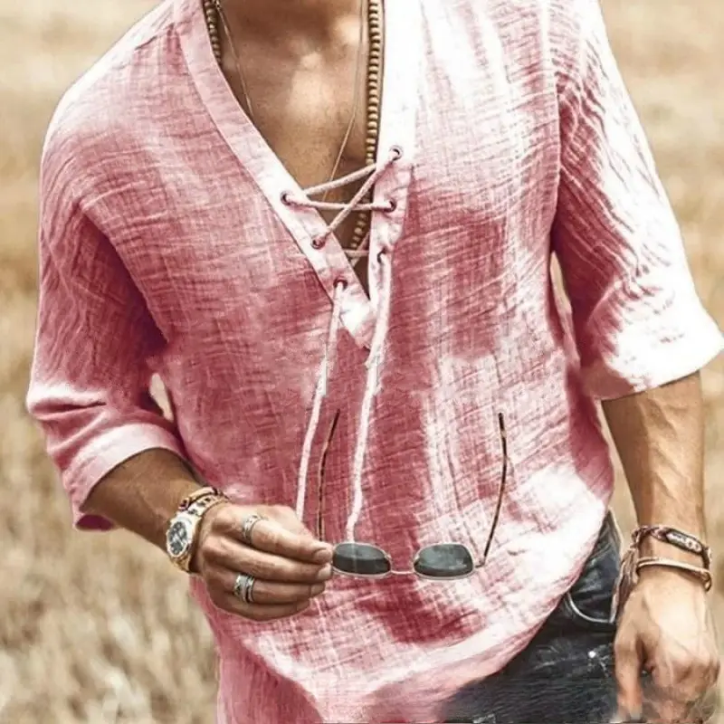 Men's Grey V-Neck Button T-Shirt Short Sleeve 2025 — feature 3