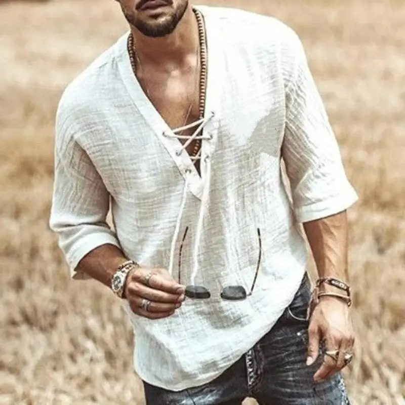 Men's Grey V-Neck Button T-Shirt Short Sleeve 2025 — feature 8