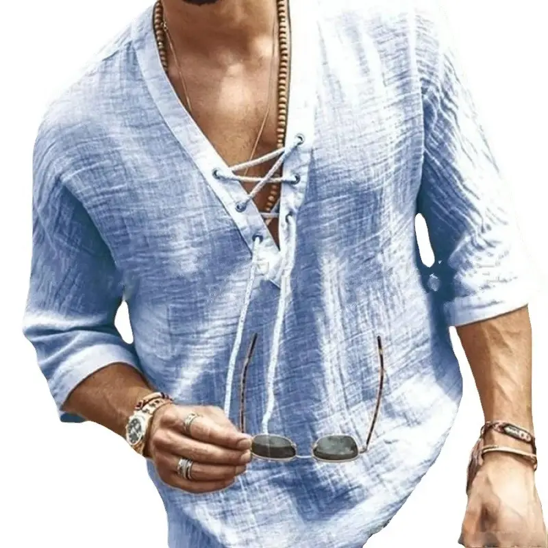 Men's Grey V-Neck Button T-Shirt Short Sleeve 2025 - Image 17