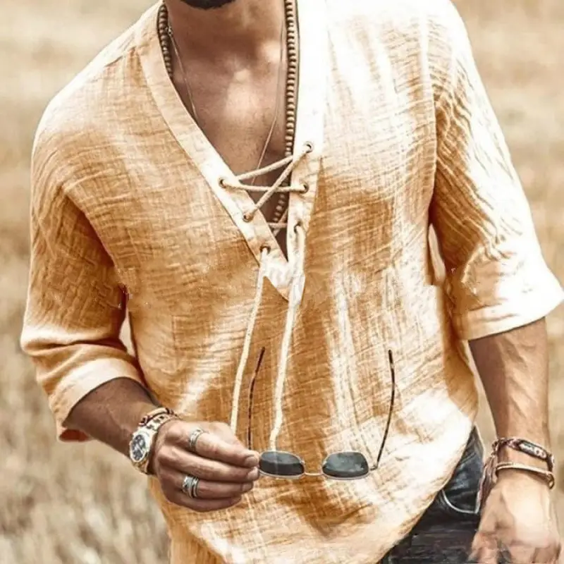 Men's Grey V-Neck Button T-Shirt Short Sleeve 2025 - Image 12
