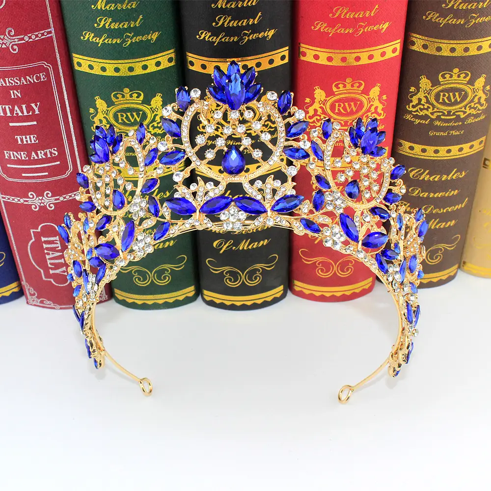 New European Style Bridal Crown with Blue Gemstones - Image 8