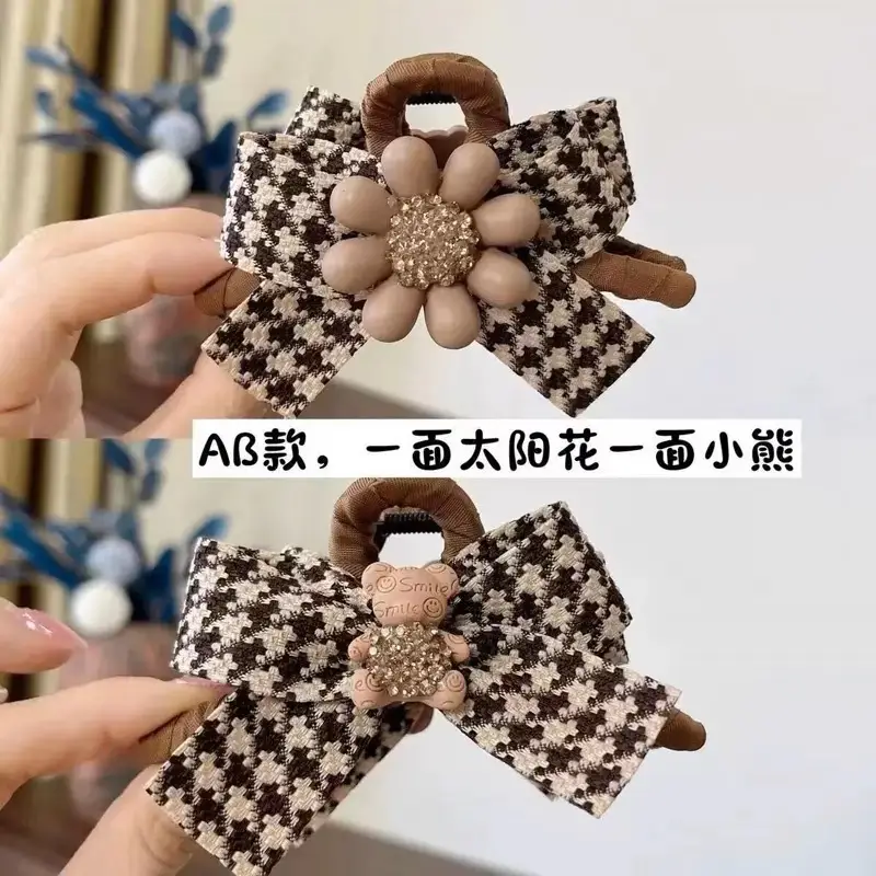 Houndstooth Bow Hairpin with Bear Sunflower Design - Image 3