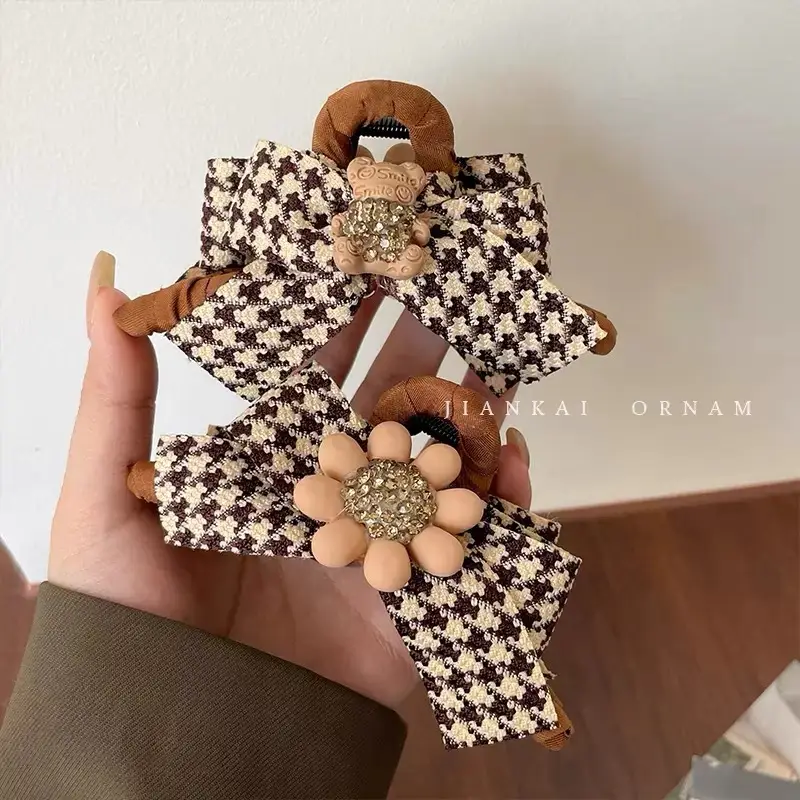 Houndstooth Bow Hairpin with Bear Sunflower Design - Image 4