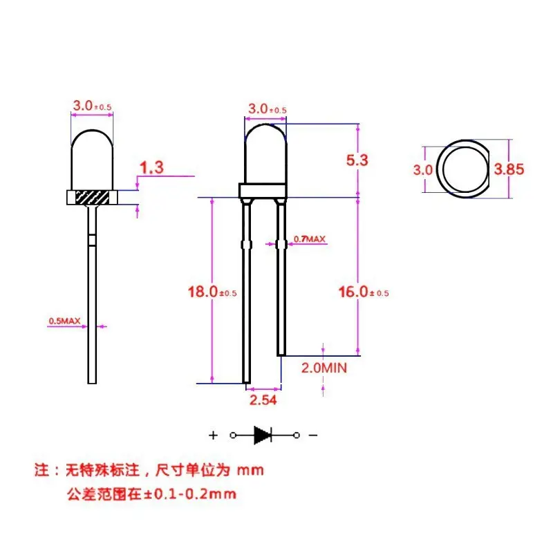 3mm In-line LED Light EMD-301 Red Yellow Blue Green