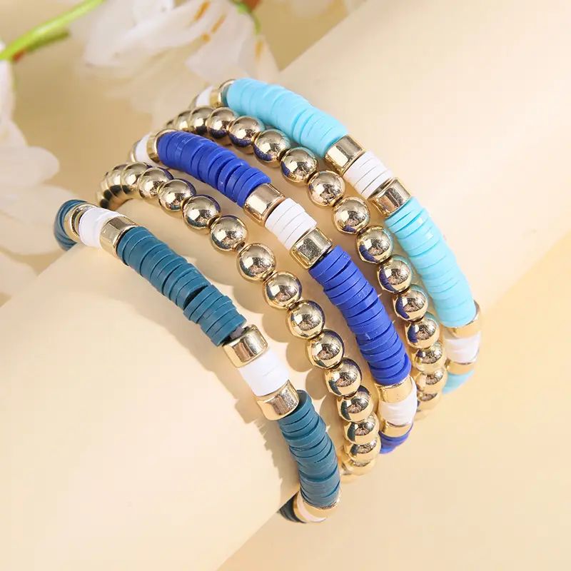 Ceramic Round Bead Bracelet 5 Set Retro Bohemian Gold Gray - Image 9