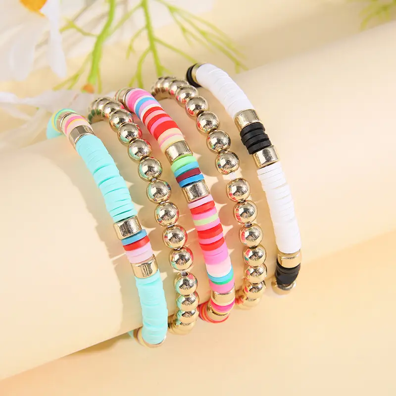 Ceramic Round Bead Bracelet 5 Set Retro Bohemian Gold Gray — feature 1