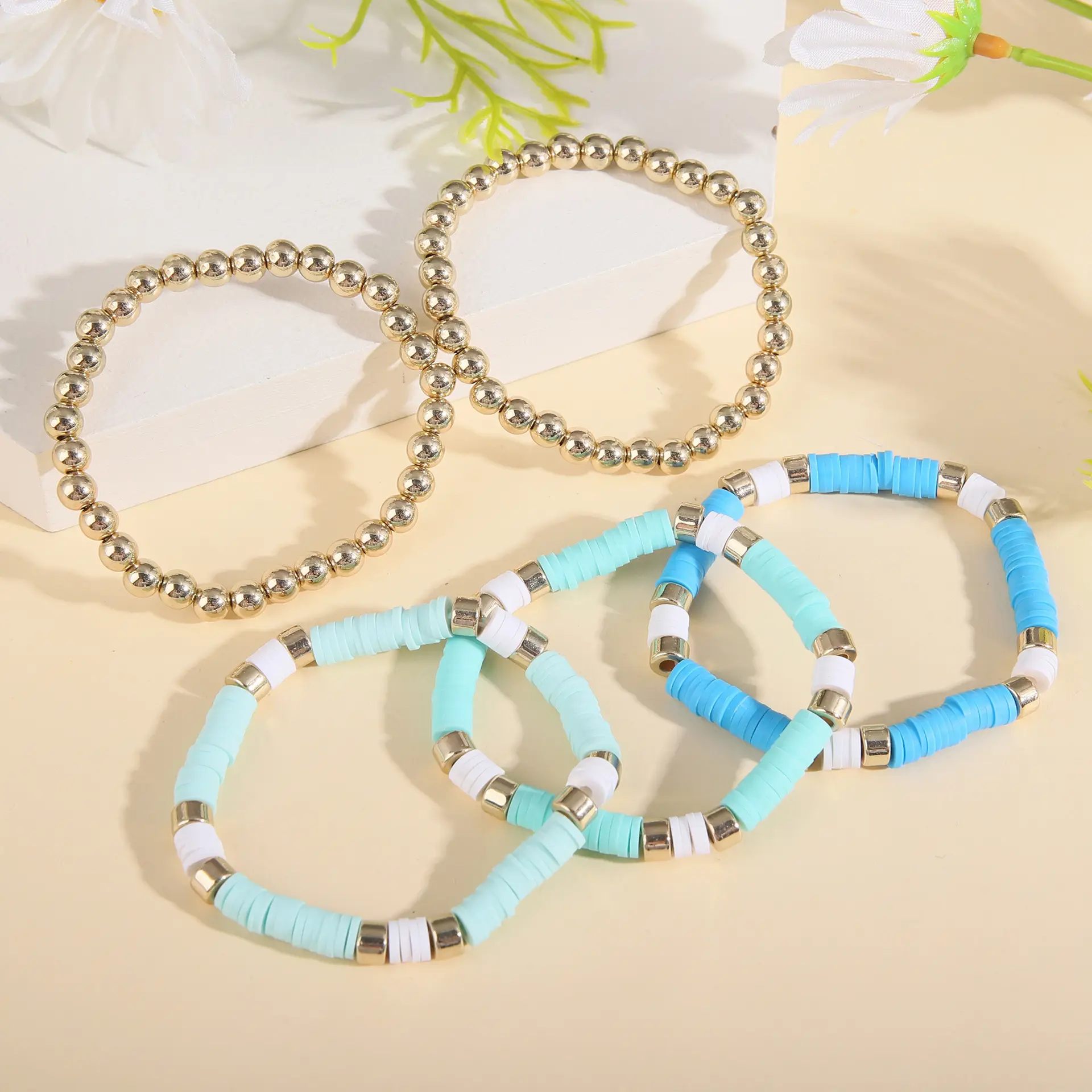 Ceramic Round Bead Bracelet 5 Set Retro Bohemian Gold Gray — feature 10