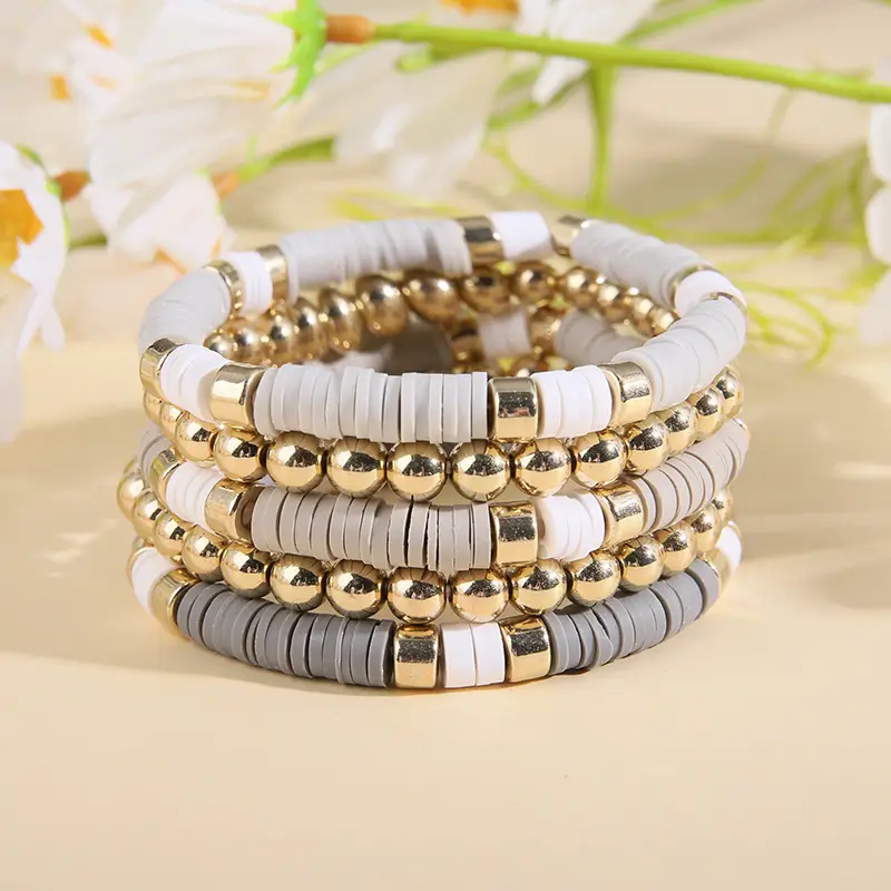 Ceramic Round Bead Bracelet 5 Set Retro Bohemian Gold Gray — feature 11