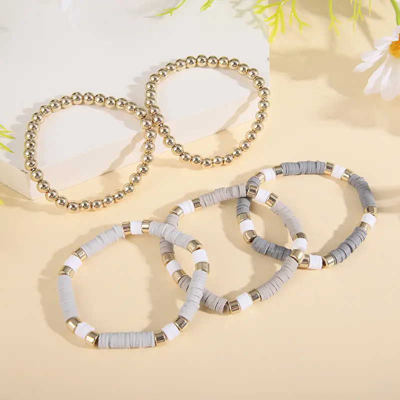 Ceramic Round Bead Bracelet 5 Set Retro Bohemian Gold Gray — feature 12