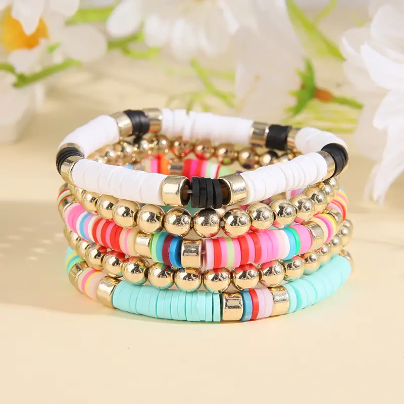 Ceramic Round Bead Bracelet 5 Set Retro Bohemian Gold Gray — feature 13