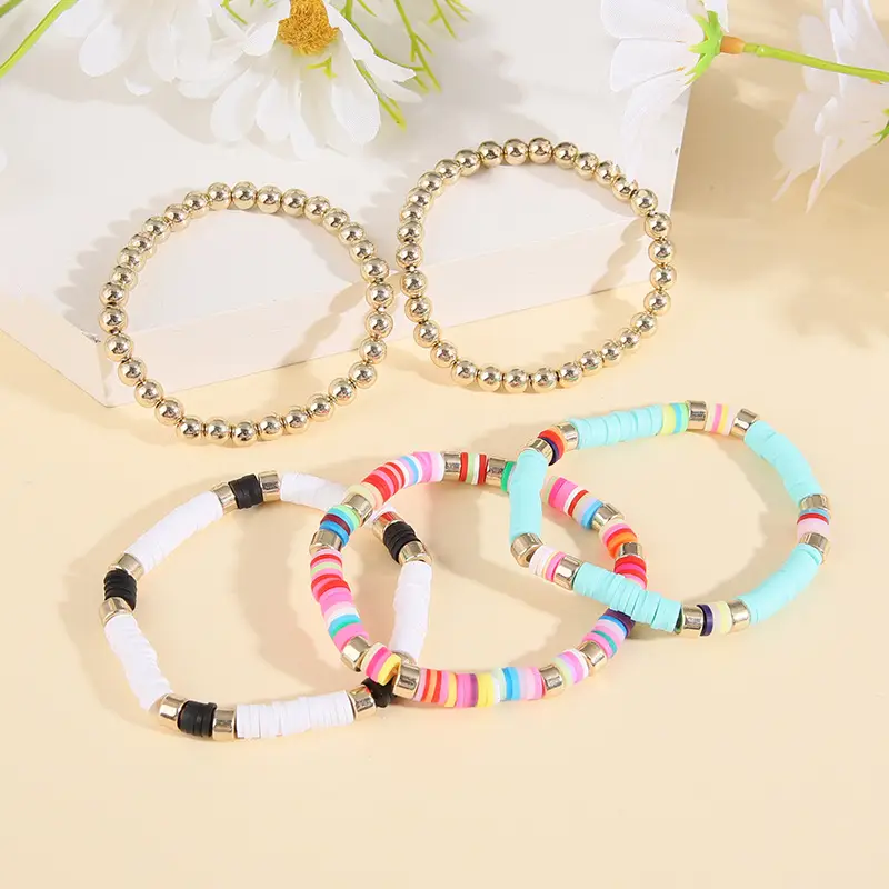 Ceramic Round Bead Bracelet 5 Set Retro Bohemian Gold Gray — feature 14