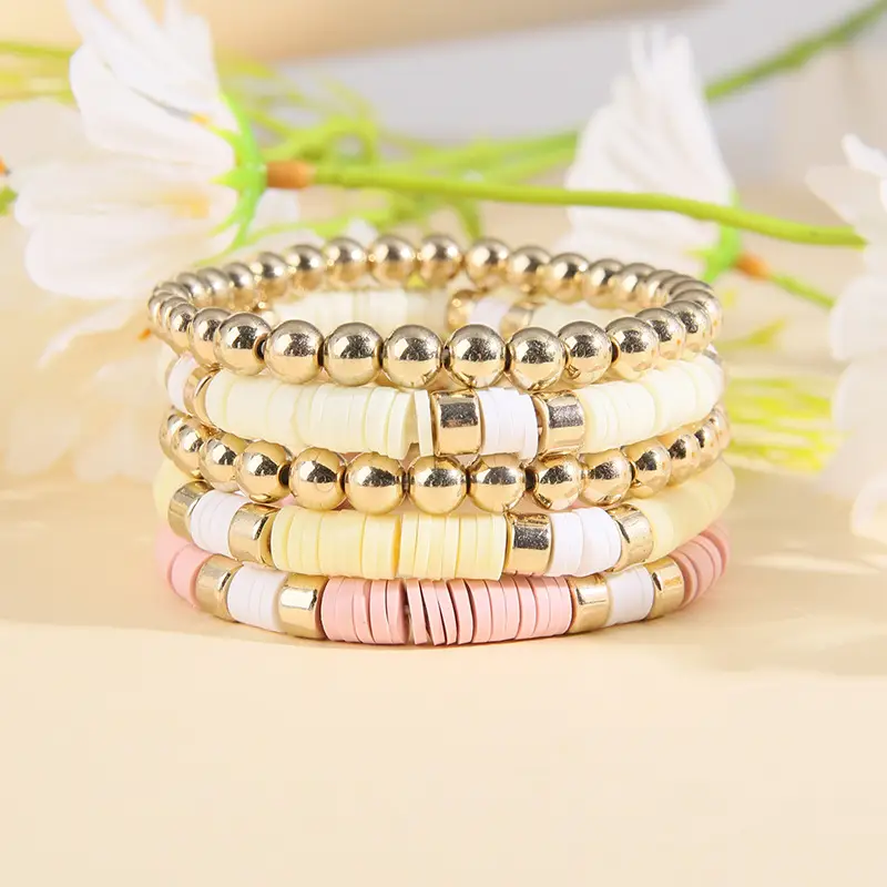 Ceramic Round Bead Bracelet 5 Set Retro Bohemian Gold Gray — feature 15