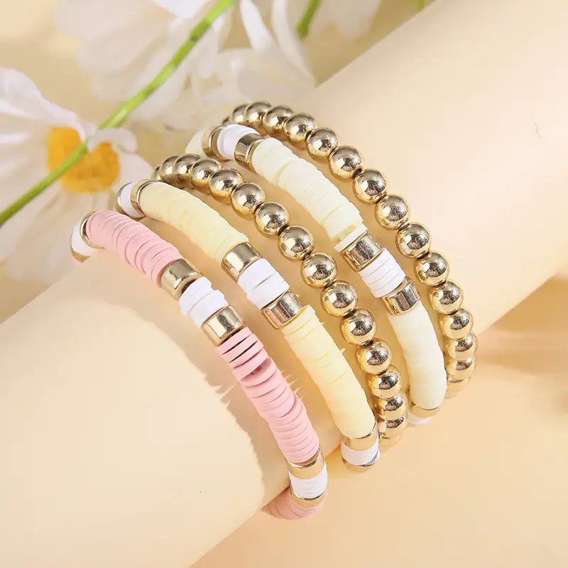 Ceramic Round Bead Bracelet 5 Set Retro Bohemian Gold Gray — feature 3