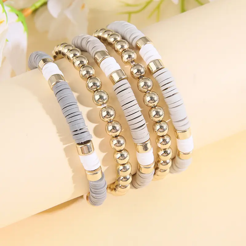 Ceramic Round Bead Bracelet 5 Set Retro Bohemian Gold Gray — feature 4