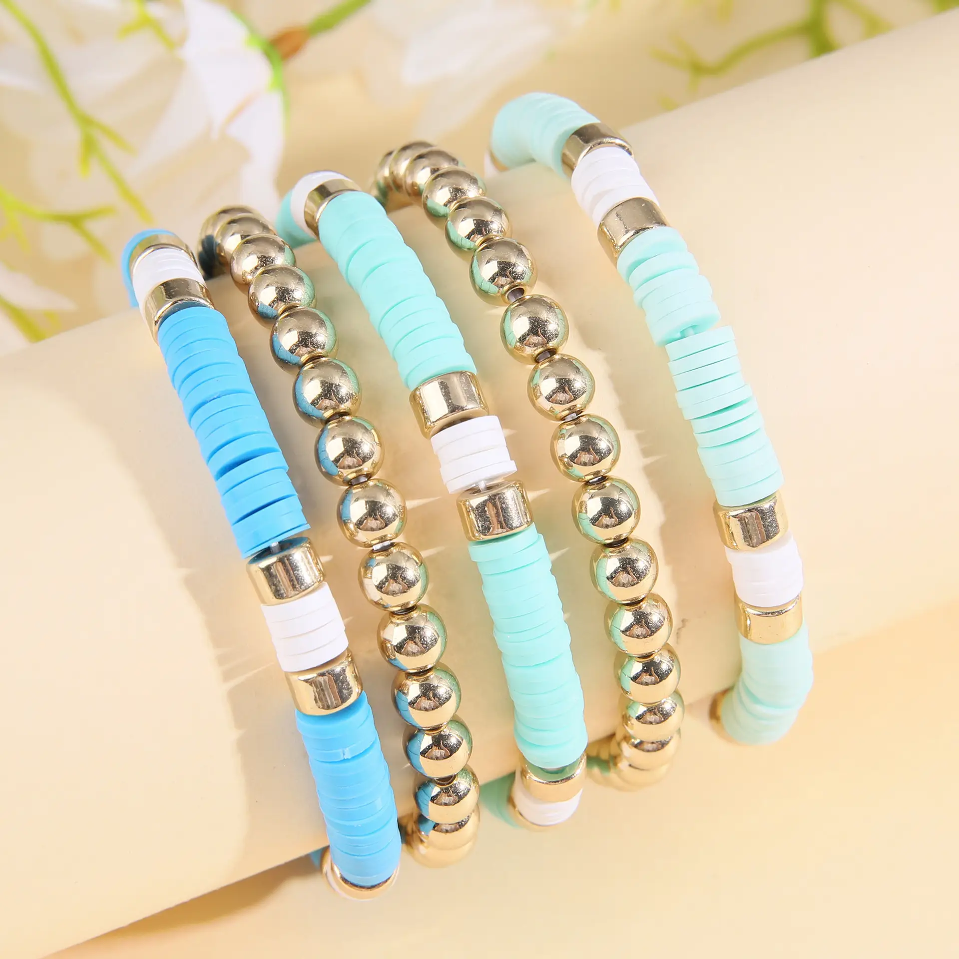 Ceramic Round Bead Bracelet 5 Set Retro Bohemian Gold Gray — feature 5