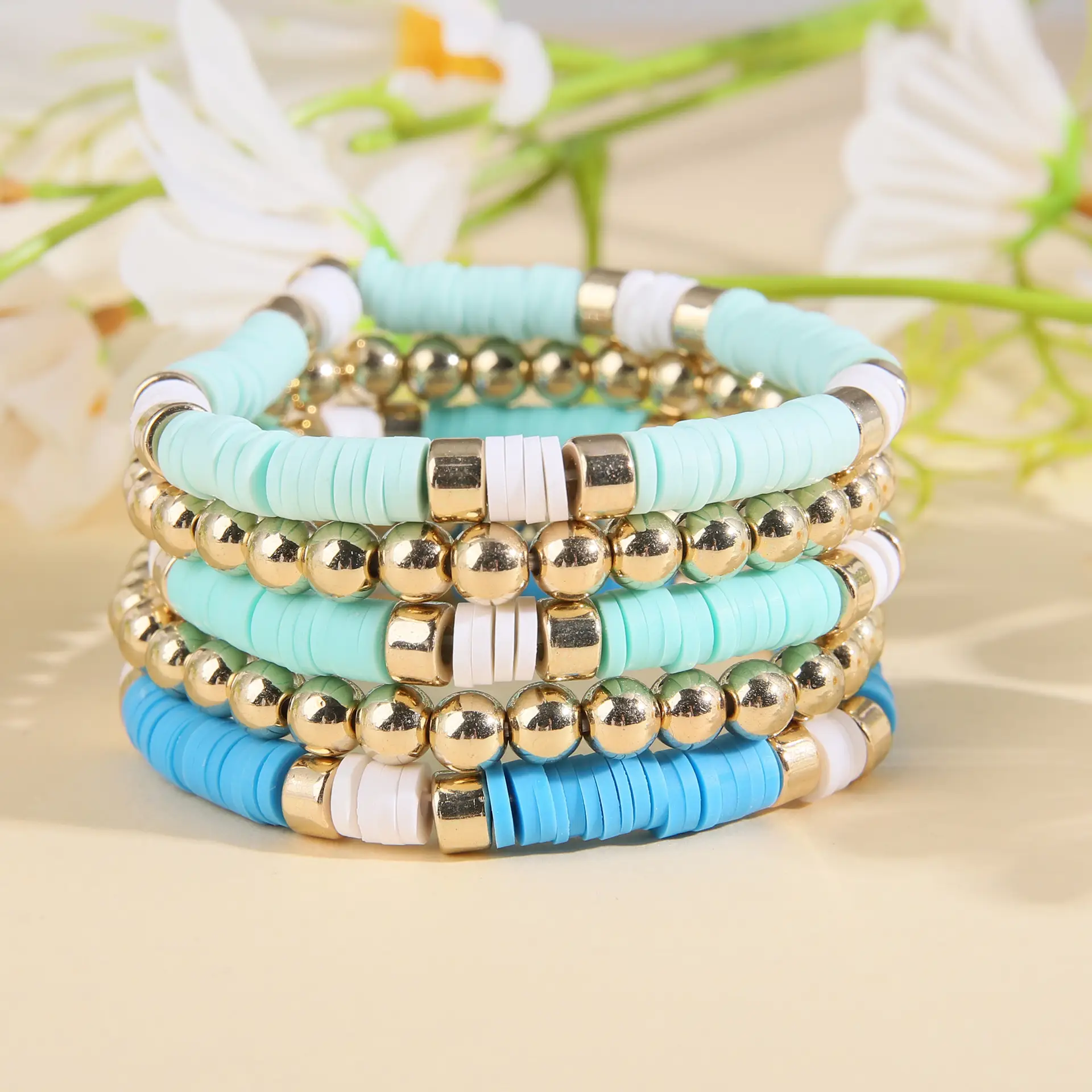 Ceramic Round Bead Bracelet 5 Set Retro Bohemian Gold Gray — feature 6