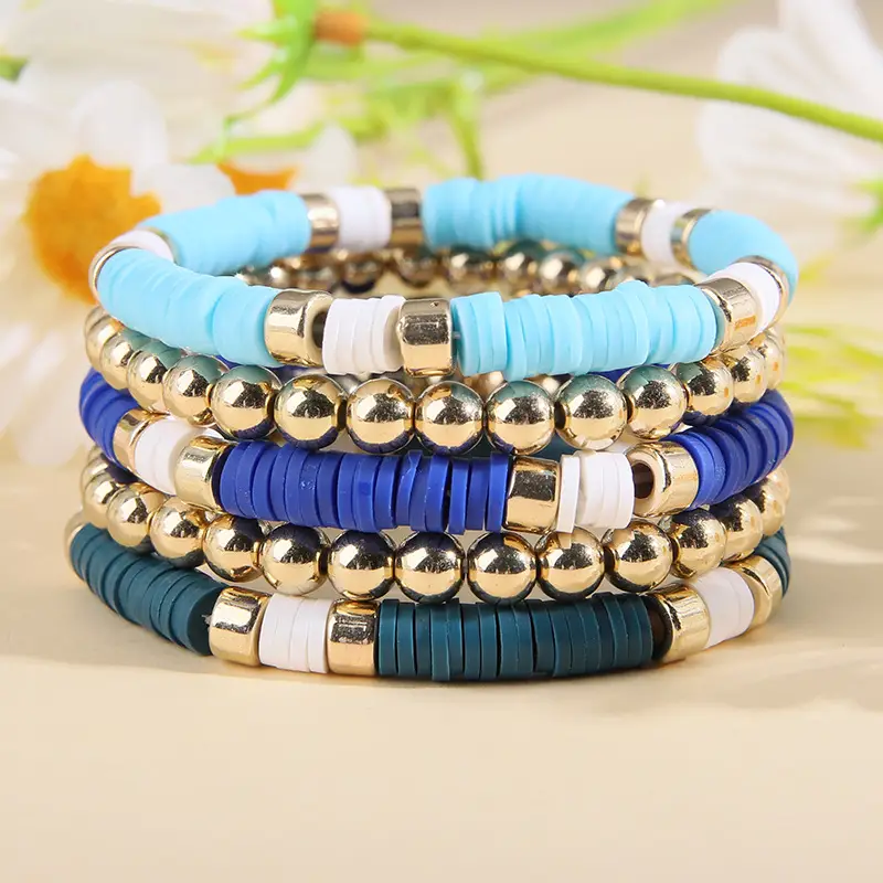 Ceramic Round Bead Bracelet 5 Set Retro Bohemian Gold Gray — feature 7