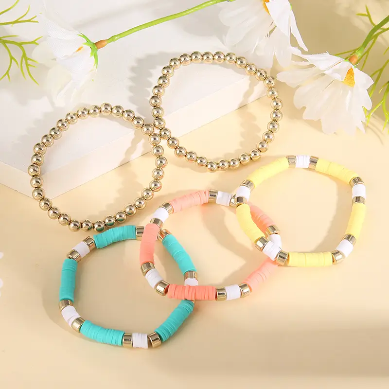 Ceramic Round Bead Bracelet 5 Set Retro Bohemian Gold Gray — feature 9