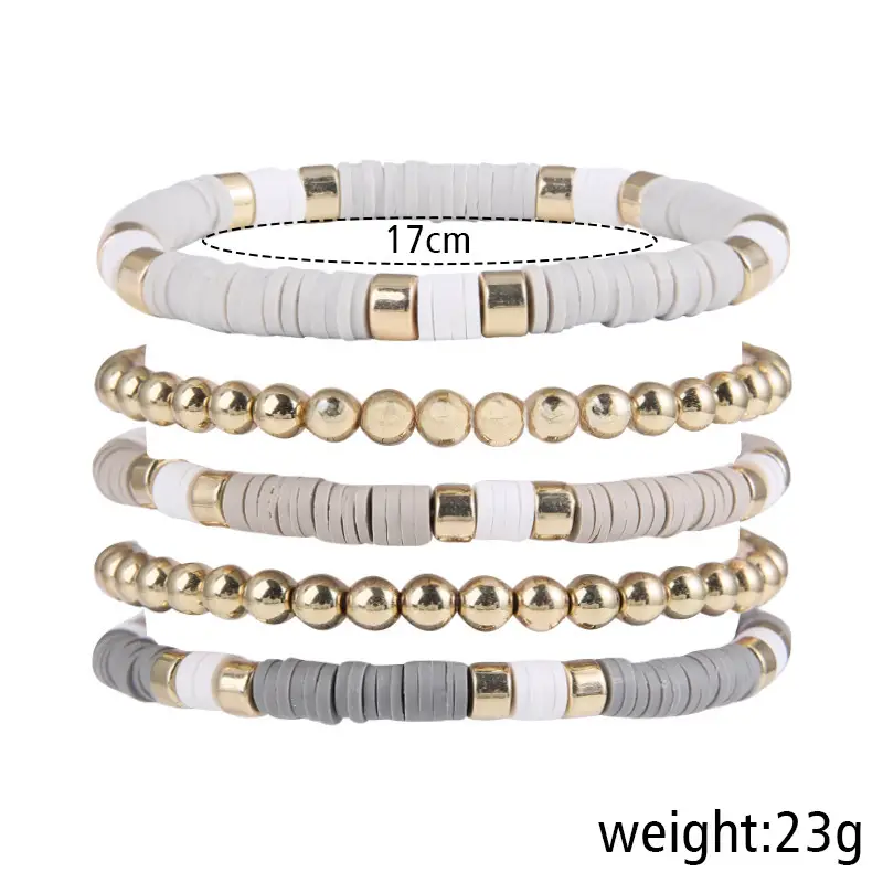 Ceramic Round Bead Bracelet 5 Set Retro Bohemian Gold Gray - Image 4