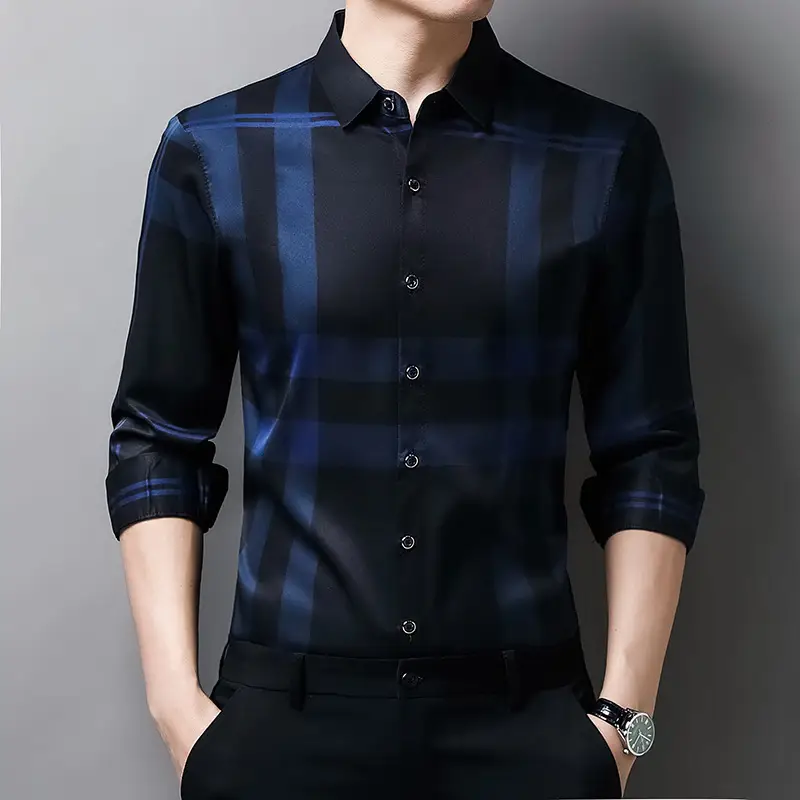 Men's Blue Plaid Long Sleeve Shirt 2022 - Image 4