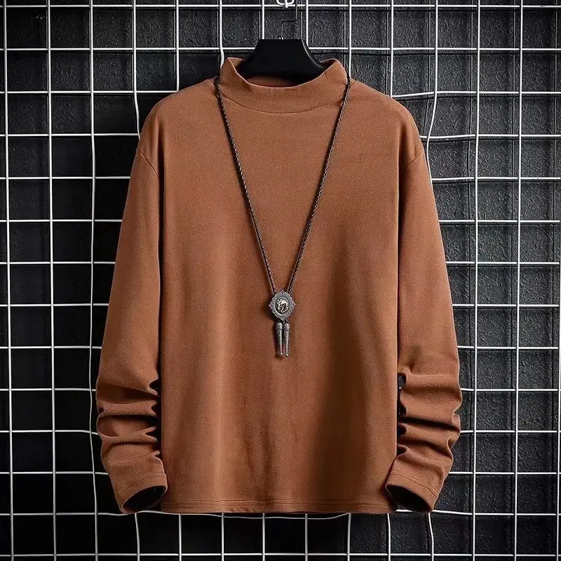 Men's Fleece Lined Half-Collar Sweatshirt Brown Long Sleeve - Image 4