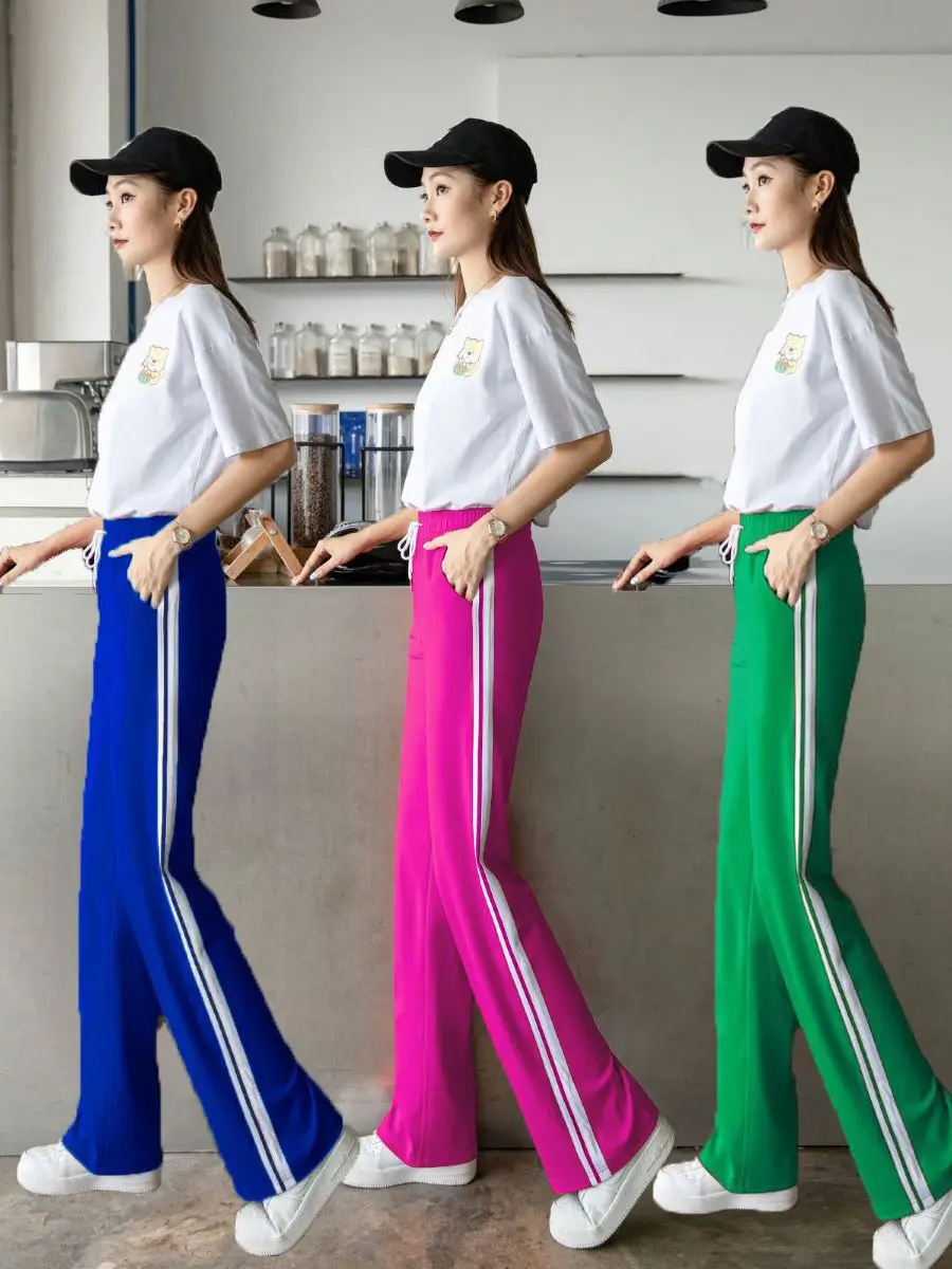 Women Blue Striped Wide Leg Pants High Waist Loose Fit - Image 9