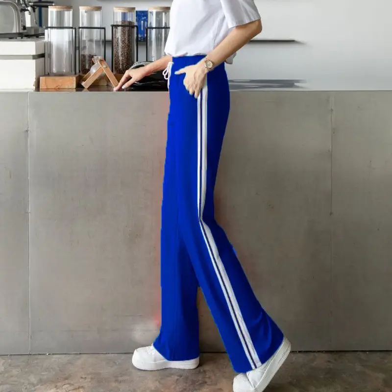 Women Blue Striped Wide Leg Pants High Waist Loose Fit - Image 4