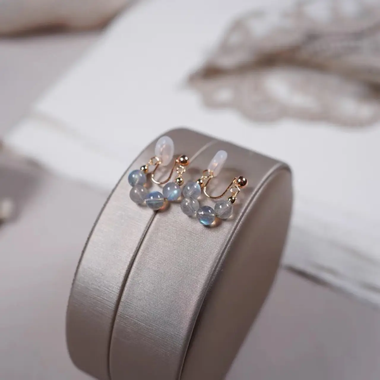 Natural Blue Moonlight Stone Ear Clip Earrings