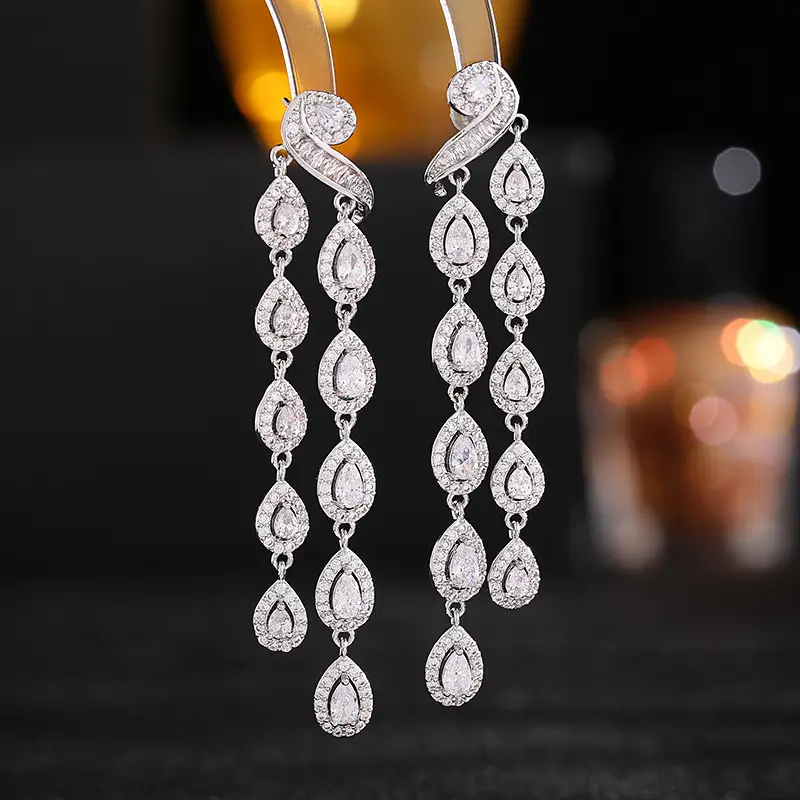Long Diamond Tassel Earrings S925 Silver Needle Design