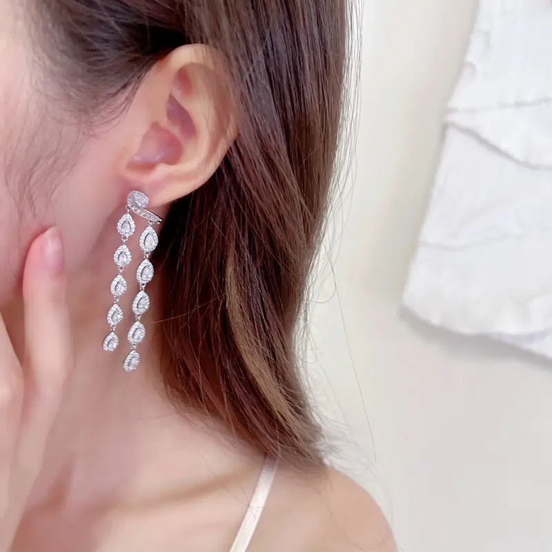 Long Diamond Tassel Earrings S925 Silver Needle Design