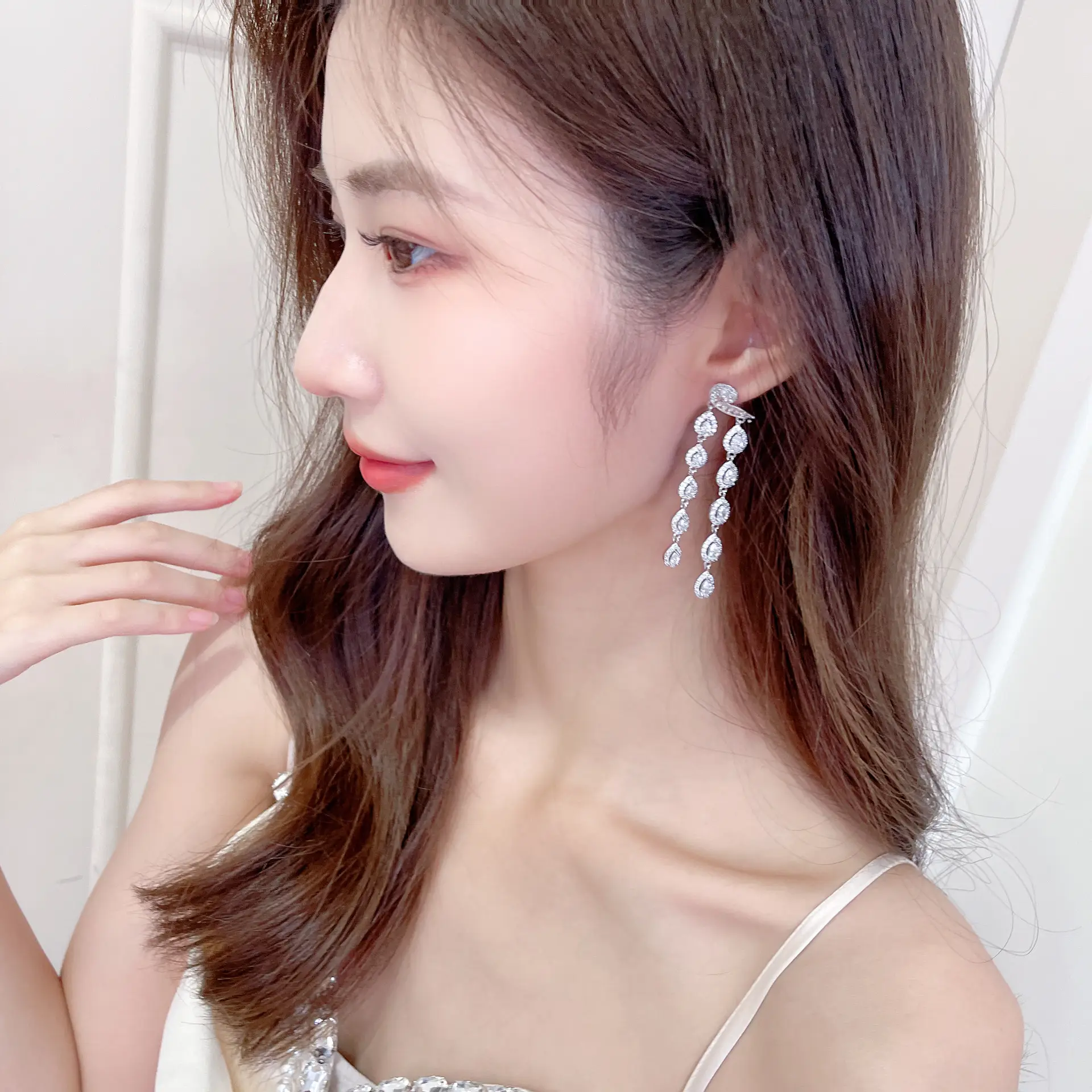Long Diamond Tassel Earrings S925 Silver Needle Design