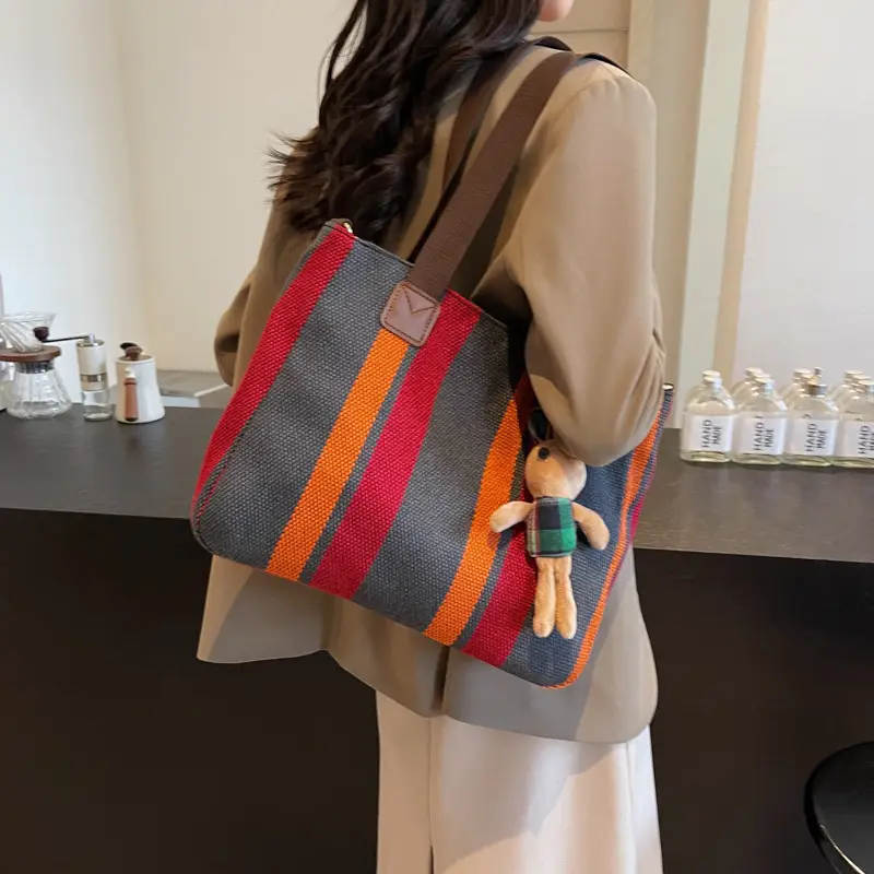 Large Women's Bag 2026 New Fashion Striped Canvas Bag Commuter Tote Bag Trendy Shoulder Crossbody Mommy Bag - Image 8