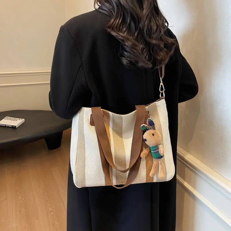 Large Women's Bag 2026 New Fashion Striped Canvas Bag Commuter Tote Bag Trendy Shoulder Crossbody Mommy Bag - Image 9