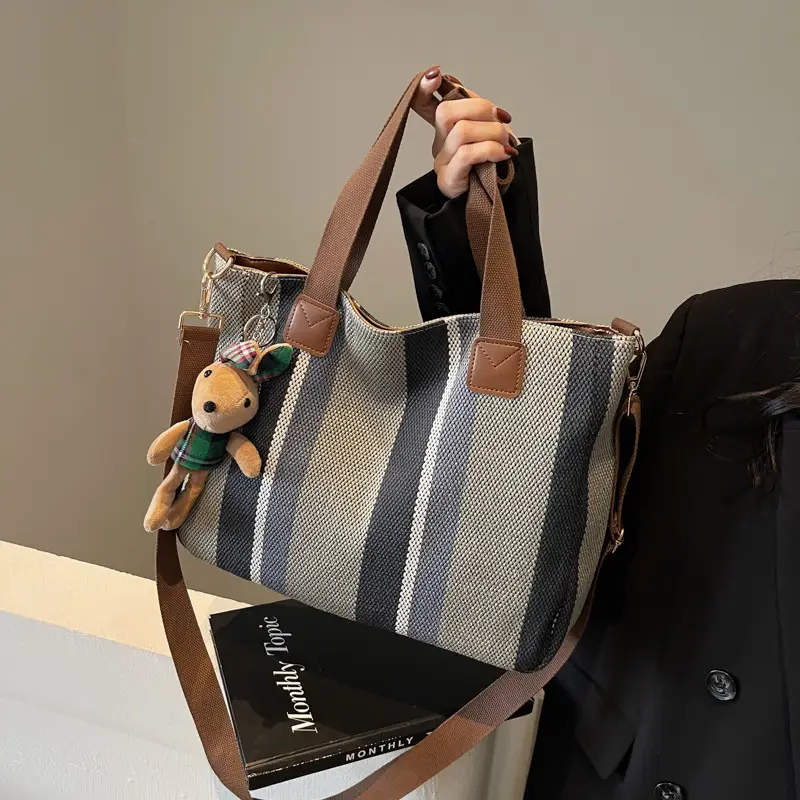 Large Women's Bag 2026 New Fashion Striped Canvas Bag Commuter Tote Bag Trendy Shoulder Crossbody Mommy Bag - Image 10